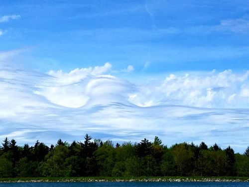 Wavy clouds stretch across a bright blue sky above a green forest and calm water.