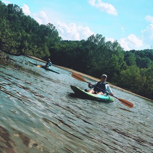 Two people kayaking on a calm river surrounded by trees and blue skies.