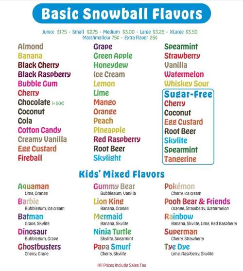 Menu of basic snowball flavors, including options like almond, banana, and sugar-free varieties, with prices listed.