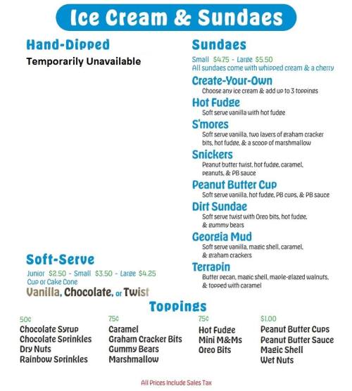 Menu for ice cream and sundaes, listing flavors, sizes, and prices, with some items marked as temporarily unavailable.
