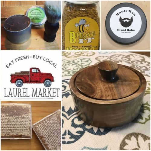 Collage of grooming products: beard balm, shaving soap, honey, and a wooden container, with a local market logo.