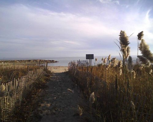 A sandy path leads to a calm beach, framed by tall grasses and wooden fencing under a cloudy sky.