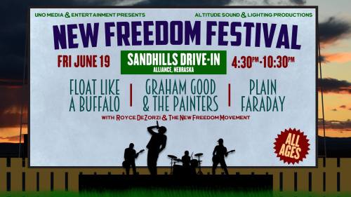 Promotional poster for the New Freedom Festival featuring bands and event details at Sandhills Drive-In, Nebraska.