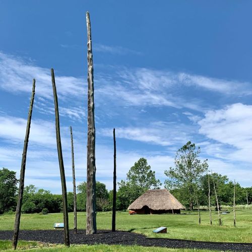 A grassy landscape with tall wooden poles and a thatched-roof hut under a blue sky with scattered clouds.