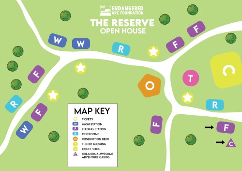 Map of The Reserve Open House by the Endangered Ark Foundation, showing key locations like restrooms and feeding stations.