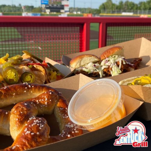 A close-up of a pretzel, nachos with jalapeños, and two sandwiches on a tray, with a baseball field in the background.