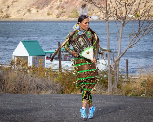 A person in a colorful, nature-inspired outfit poses by a river, surrounded by trees and a boat in the background.
