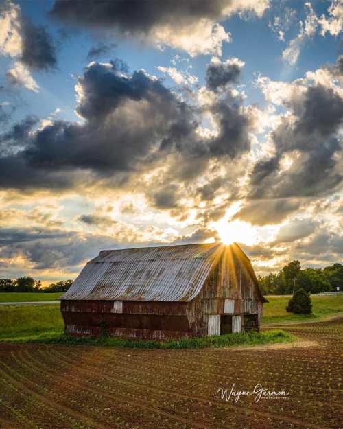 A rustic barn stands in a field at sunset, with dramatic clouds and sunlight streaming through the roof.