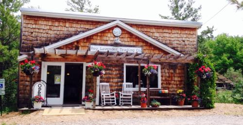 A rustic wooden building with a sign reading "Bay Lavender Trading Co," featuring flower pots and rocking chairs on the porch.