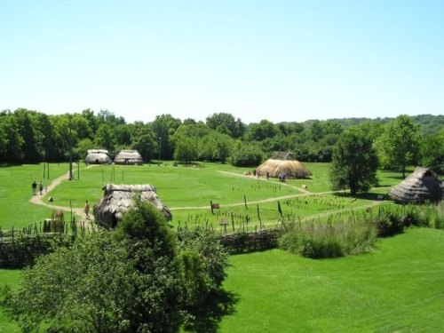 A scenic view of a grassy area with traditional huts and trees under a clear blue sky.