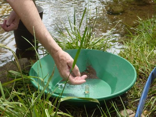 A hand sifts through a green pan in shallow water, surrounded by grass and a stream.
