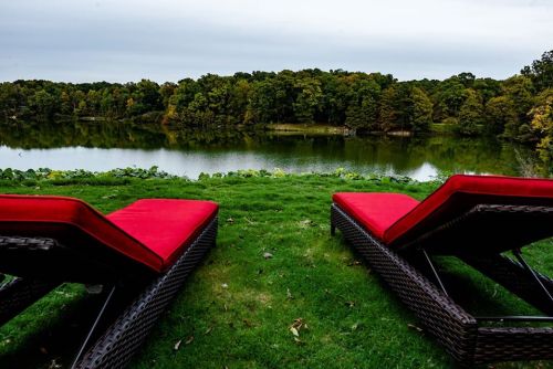 Two red lounge chairs on green grass overlook a calm lake surrounded by trees under a cloudy sky.