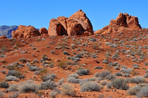 Red rock formations rise from a desert landscape, surrounded by sparse vegetation under a clear blue sky.