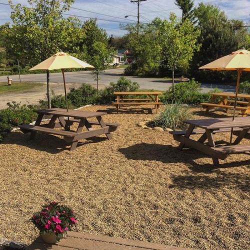 A sunny outdoor seating area with picnic tables, umbrellas, and landscaped greenery on a gravel surface.