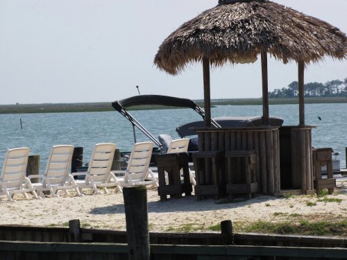 A beach scene featuring a thatched hut, lounge chairs, and a boat by the water with a calm, grassy shoreline.