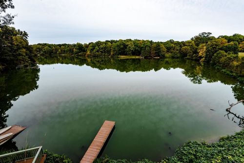 A serene lake surrounded by lush trees, with a wooden dock extending into the calm water under a cloudy sky.