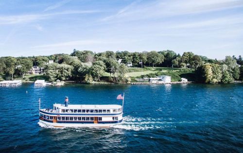 A scenic view of a boat cruising on blue water, with lush green trees and a shoreline in the background.