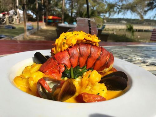 A vibrant plate of seafood featuring lobster, mussels, and saffron rice, set outdoors with a scenic background.