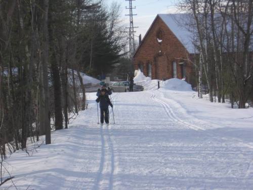 A person skiing on a snowy path with trees on either side and a building in the background.