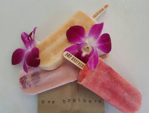 Three colorful popsicles with wooden sticks, adorned with purple orchids, arranged on a light background.