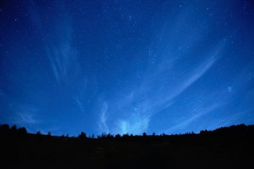 A clear night sky filled with stars and wispy clouds, silhouetted against a dark horizon.