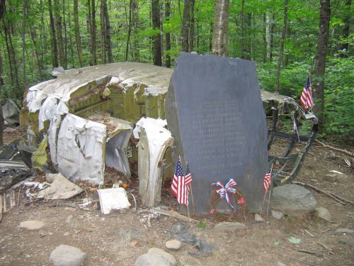 A memorial at a crash site featuring a damaged aircraft and a stone plaque, surrounded by trees and American flags.