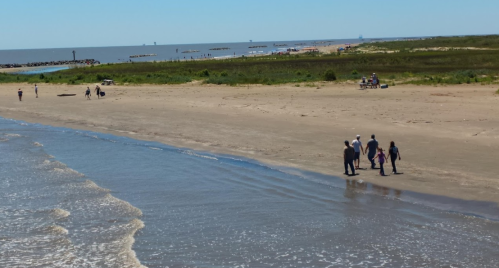 A sandy beach with people walking along the shore, gentle waves lapping at their feet under a clear blue sky.