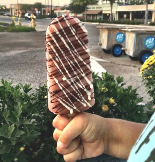 A hand holding a chocolate-covered popsicle with white drizzle, set against a blurred outdoor background.