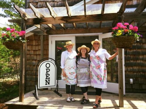 Three women in floral aprons and straw hats stand in front of a shop with an "OPEN" sign and hanging flower baskets.