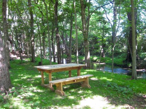 A wooden picnic table and bench in a lush green forest by a small stream. Sunlight filters through the trees.