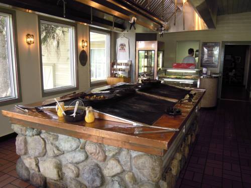 A rustic restaurant interior featuring a stone counter with grilling equipment and large windows letting in natural light.