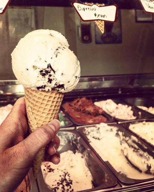 A hand holding a cone of vanilla ice cream with chocolate chunks, in front of a display of various ice cream flavors.