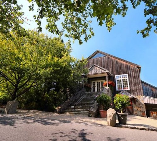 A rustic wooden building surrounded by greenery and flowers, with stone steps leading to the entrance.