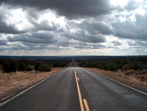 A long, empty road stretches into the distance under a cloudy sky, surrounded by sparse vegetation.