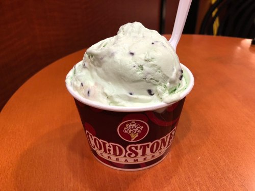 A cup of mint chocolate chip ice cream with a spoon, placed on a wooden table.