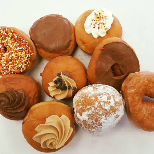 A variety of donuts with different toppings, including sprinkles, chocolate, cream, and powdered sugar.