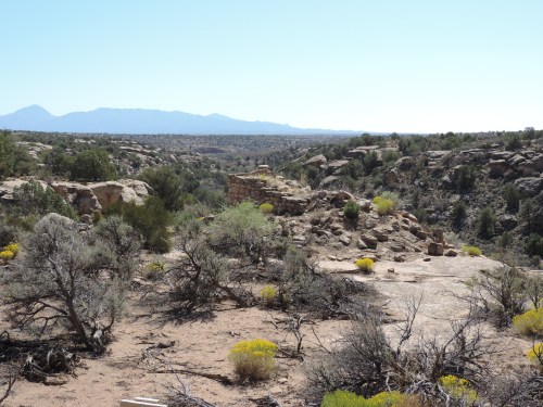 A vast desert landscape with rocky formations, sparse vegetation, and distant mountains under a clear blue sky.