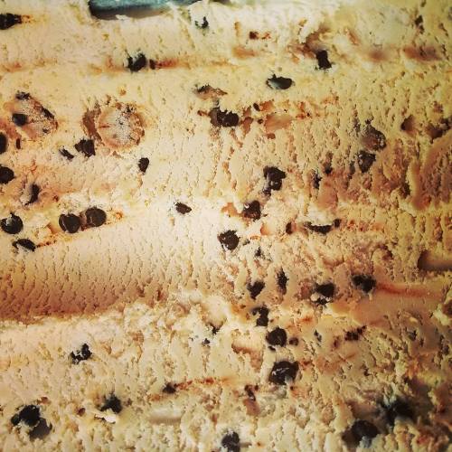 Close-up of creamy ice cream with chocolate chip flecks throughout.