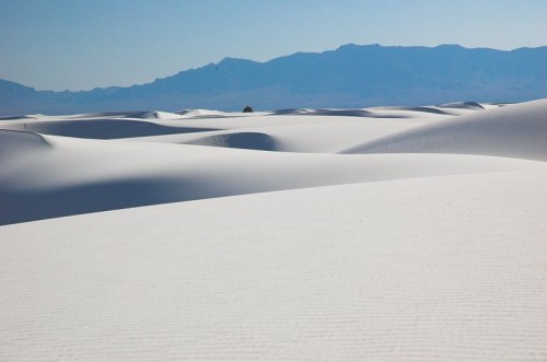A vast expanse of white sand dunes under a clear blue sky, with distant mountains in the background.