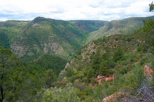 A scenic view of lush green mountains and valleys under a cloudy sky, showcasing nature's beauty.