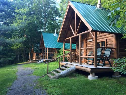 Two rustic cabins with green metal roofs, surrounded by trees and a grassy path. Wooden steps lead to the porches.