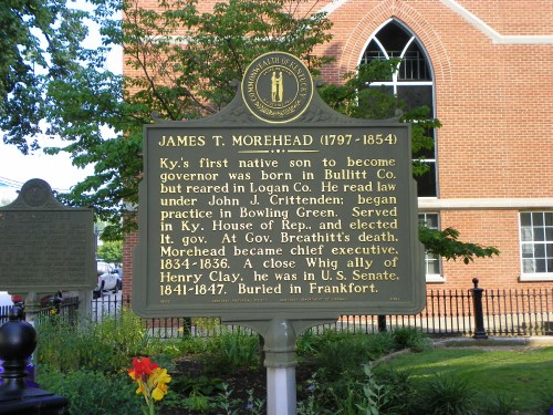 Historical marker about James T. Morehead, Kentucky's first native governor, detailing his life and political career.
