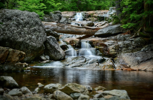 A serene waterfall cascades over rocks into a calm pool, surrounded by lush green trees.