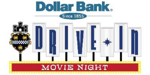 Logo for Dollar Bank featuring "Drive-In Movie Night" in bright, retro-style lettering.
