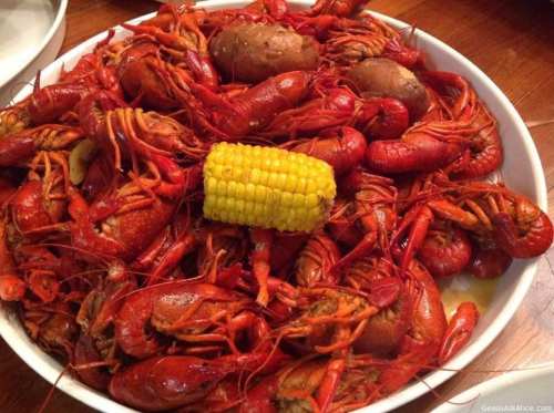 A large platter filled with boiled crawfish and a piece of corn on the cob.