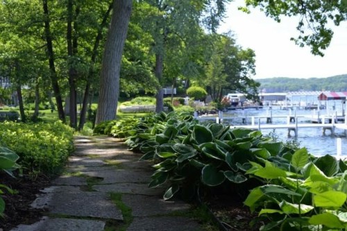 A serene pathway lined with lush greenery leads to a calm lake with docks in the background.