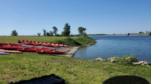 A serene riverbank with several red kayaks lined up on the shore, surrounded by green grass and trees under a clear blue sky.