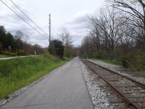 A quiet path alongside railway tracks, lined with trees and grass under a cloudy sky.