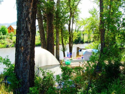 Tents set up by a river, surrounded by trees and greenery on a sunny day.