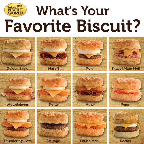A grid of 12 biscuit sandwiches with various fillings, labeled with names like Golden Eagle, Mary B, and Rocket.